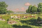 johan krouthen Sommarlandskap med betande boskap France oil painting artist